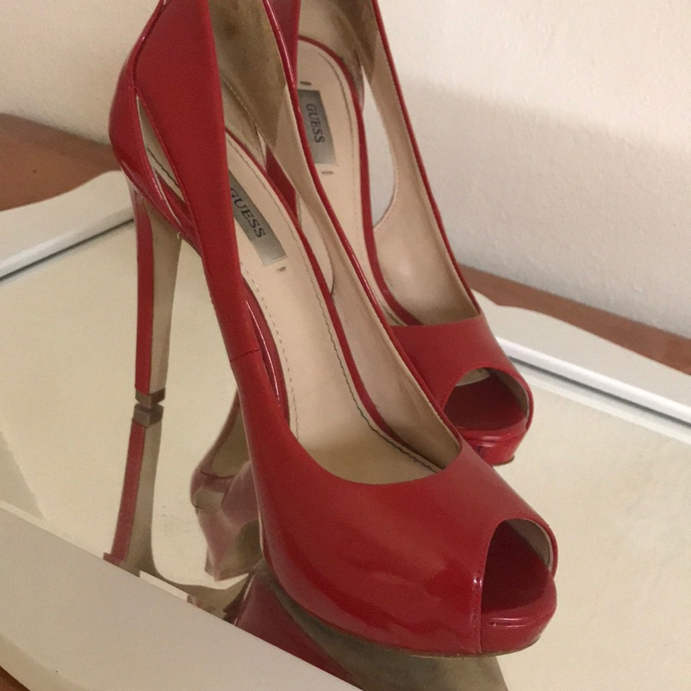Guess Red Peep-Toe Heels 